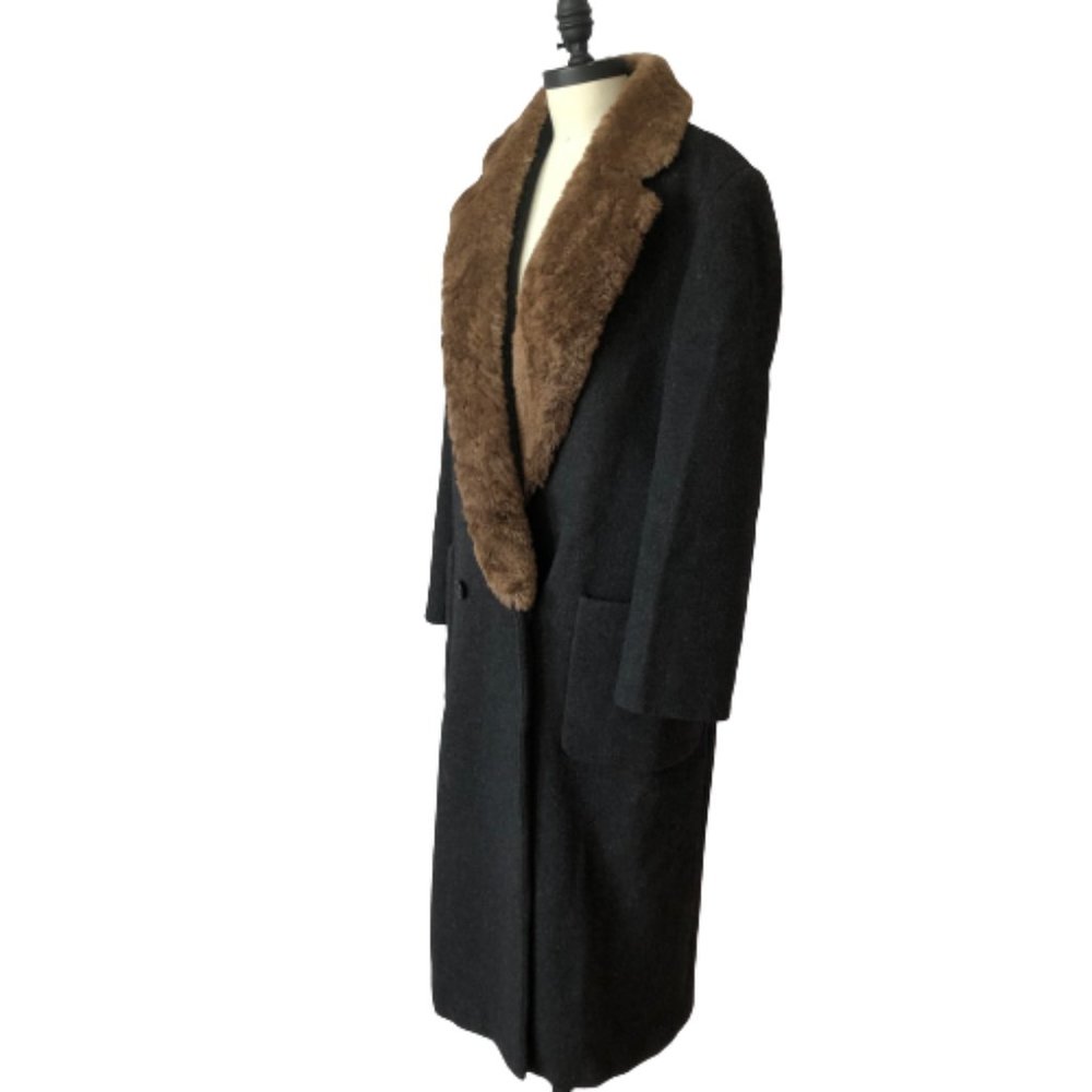 Vintage Perry Ellis Gray 100% Wool Fur Collar Dark Academia Coat USA ILGWU Made - Picture 8 of 16